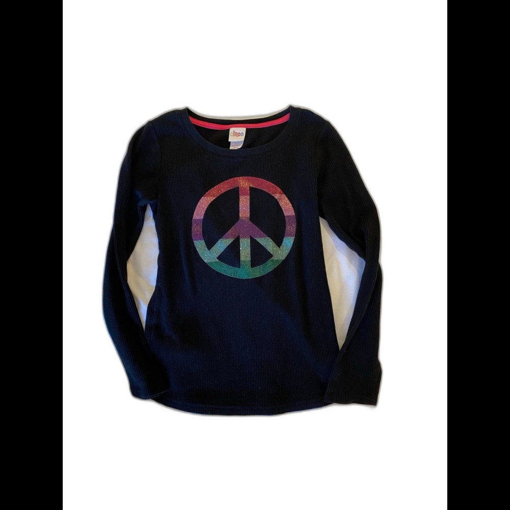Circo Girls‎ Large Black Henley Shirt  w/ Glitter Peace Sign long sleeves